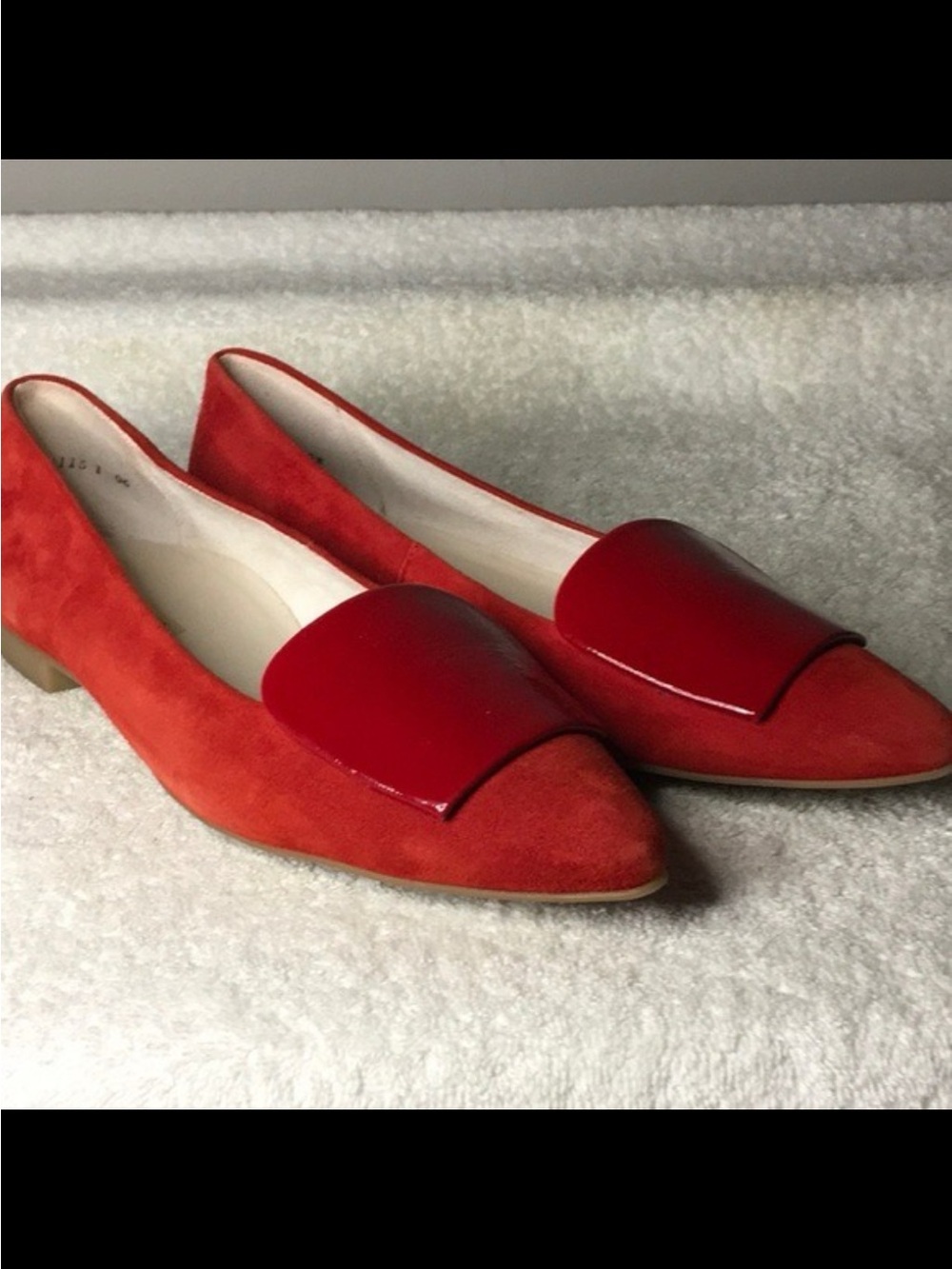 Women’s Red Suede Pointed Toe Flats with Patent Accent
